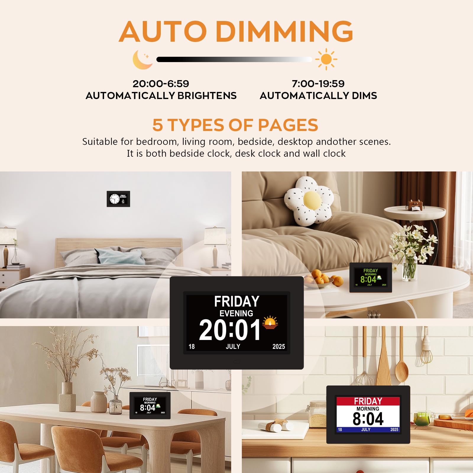 12 alarm options with labels for hydration, meals, and appointments on the Vruelia clock.