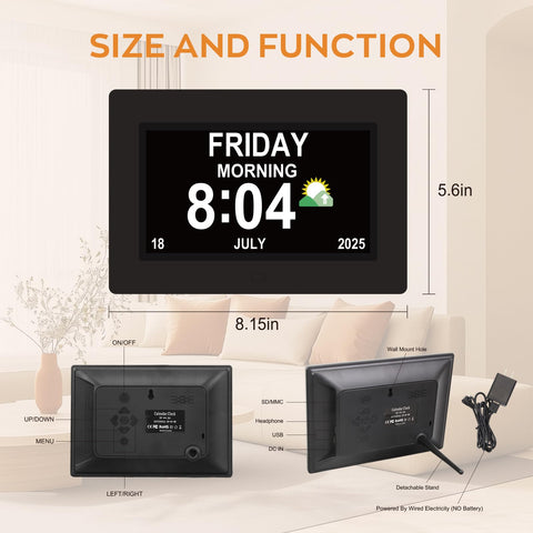 Sleek black frame clock suitable for living rooms and bedrooms.