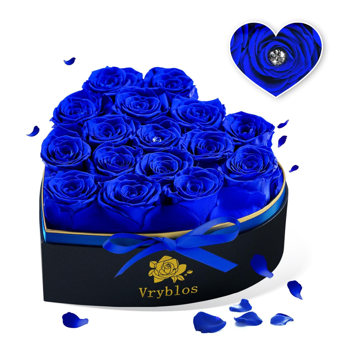 Vryblos Forever Blue Roses in a Heart Box display lasting beauty for years
