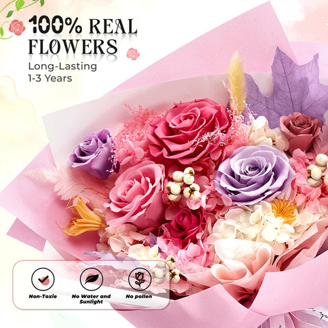 Vryblos preserved bouquet arrives ready-to-display in a decorative box.