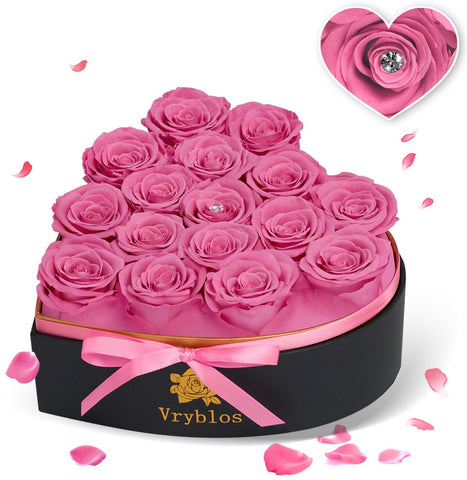 Vryblos preserved pink roses in a heart-shaped box, long-lasting beauty for gifting.