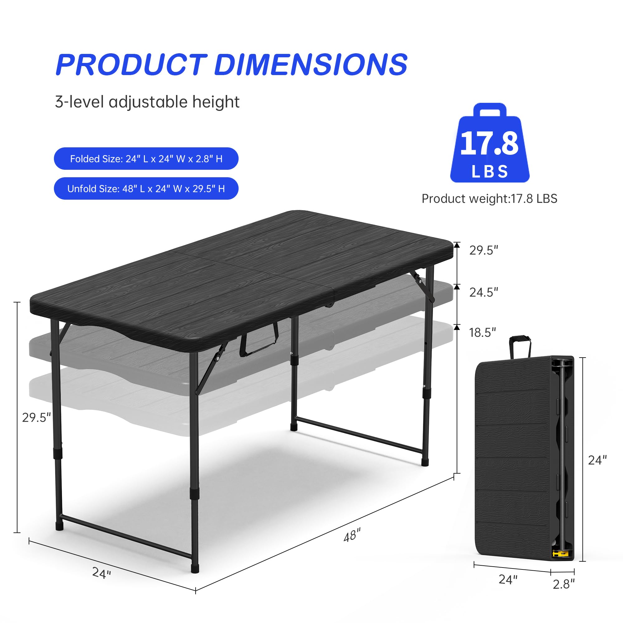 VSOAEIL folding table 4ft folded for compact storage and easy transport.