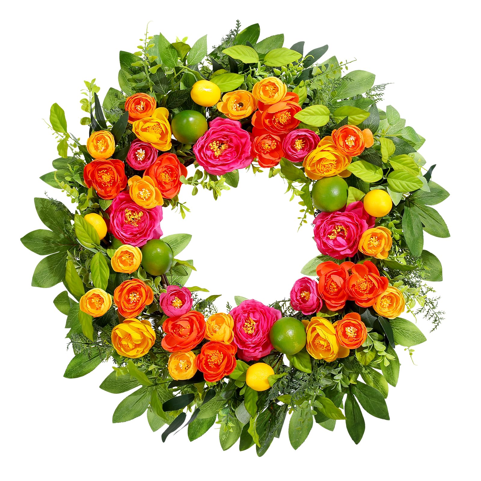 Vsonker 26-inch spring wreath featuring lemons and green leaves brightens the entryway.