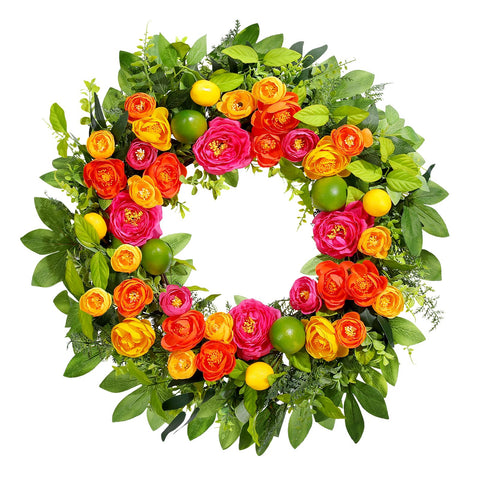 Vsonker 26-inch spring wreath featuring lemons and green leaves brightens the entryway.