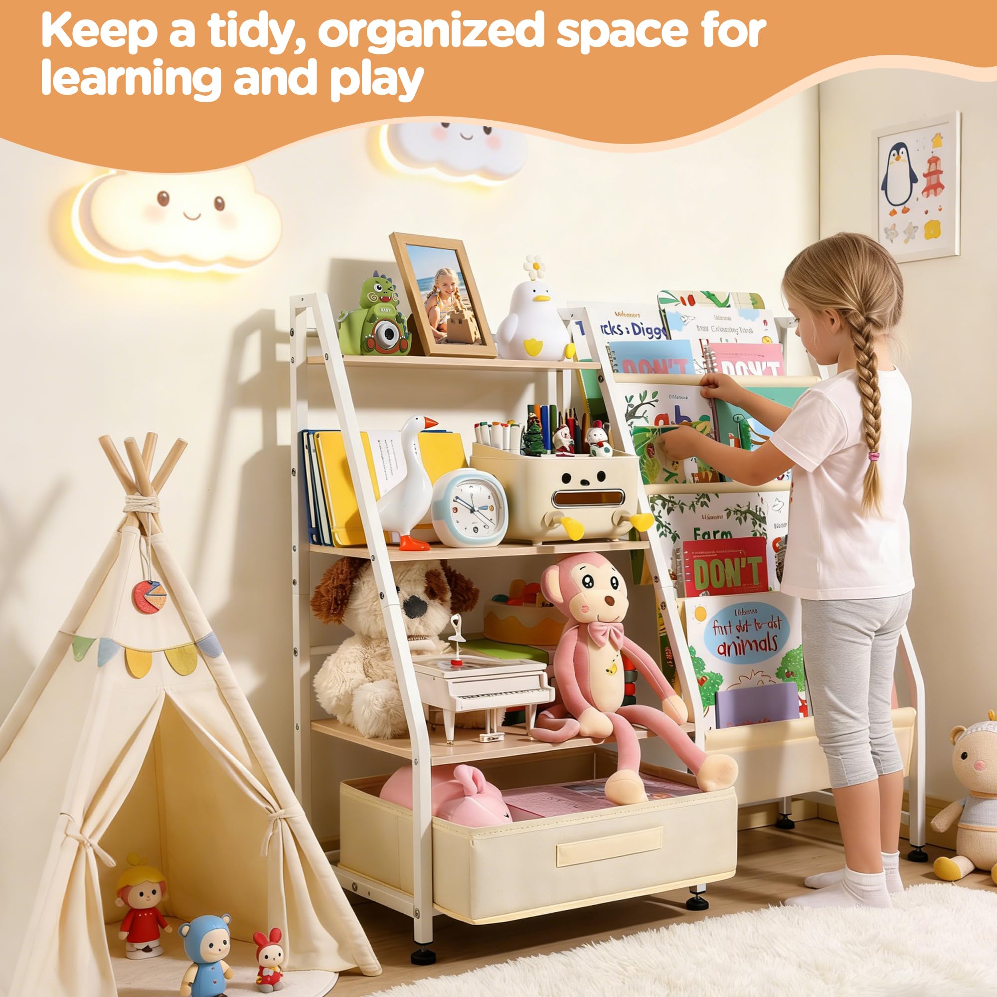 Vsonker Kids Bookshelf fabric-drawer storage keeps small items organized.