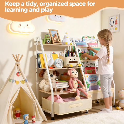 Vsonker Kids Bookshelf fabric-drawer storage keeps small items organized.