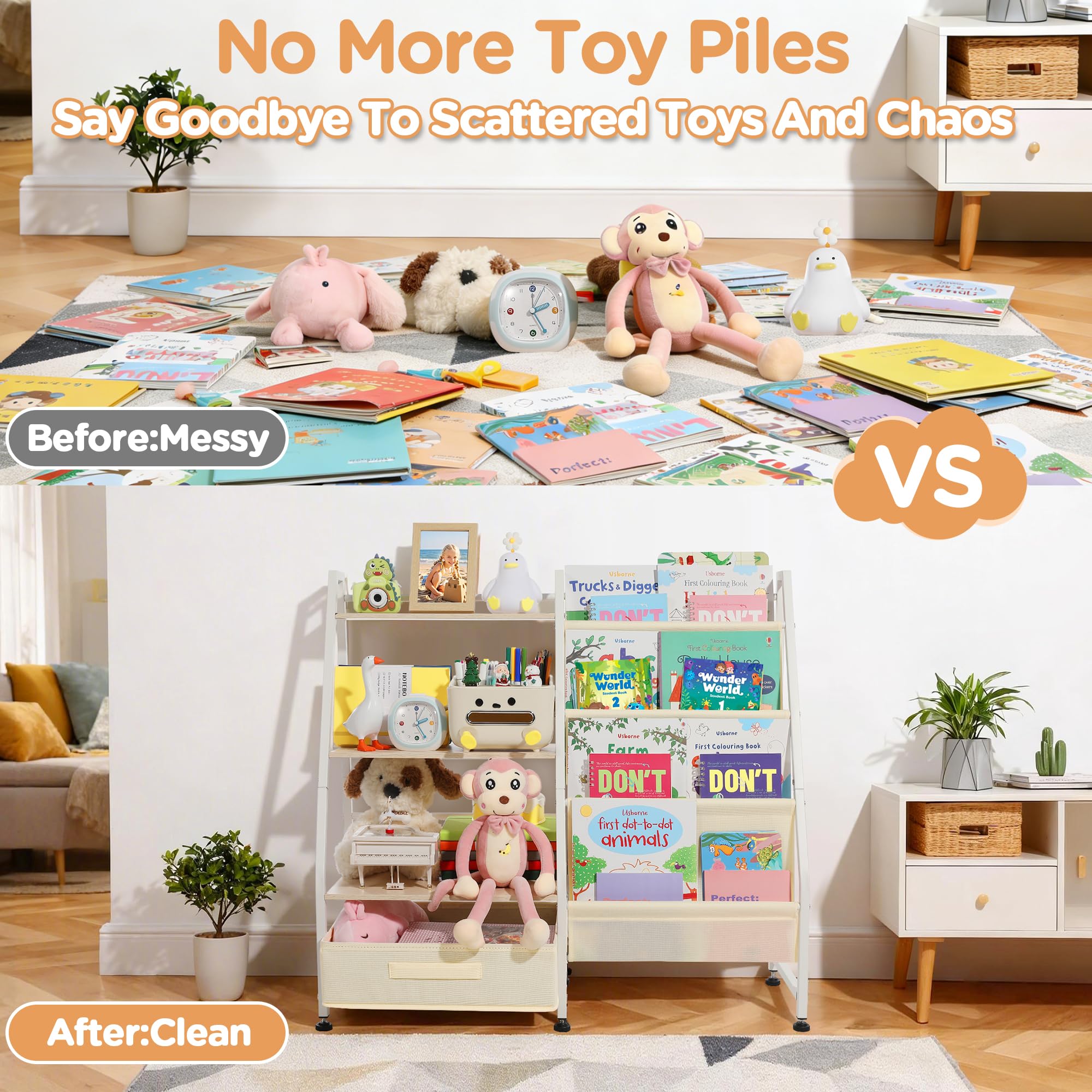 Vsonker Kids Bookshelf four-sling-shelves supports varied items for quick access.
