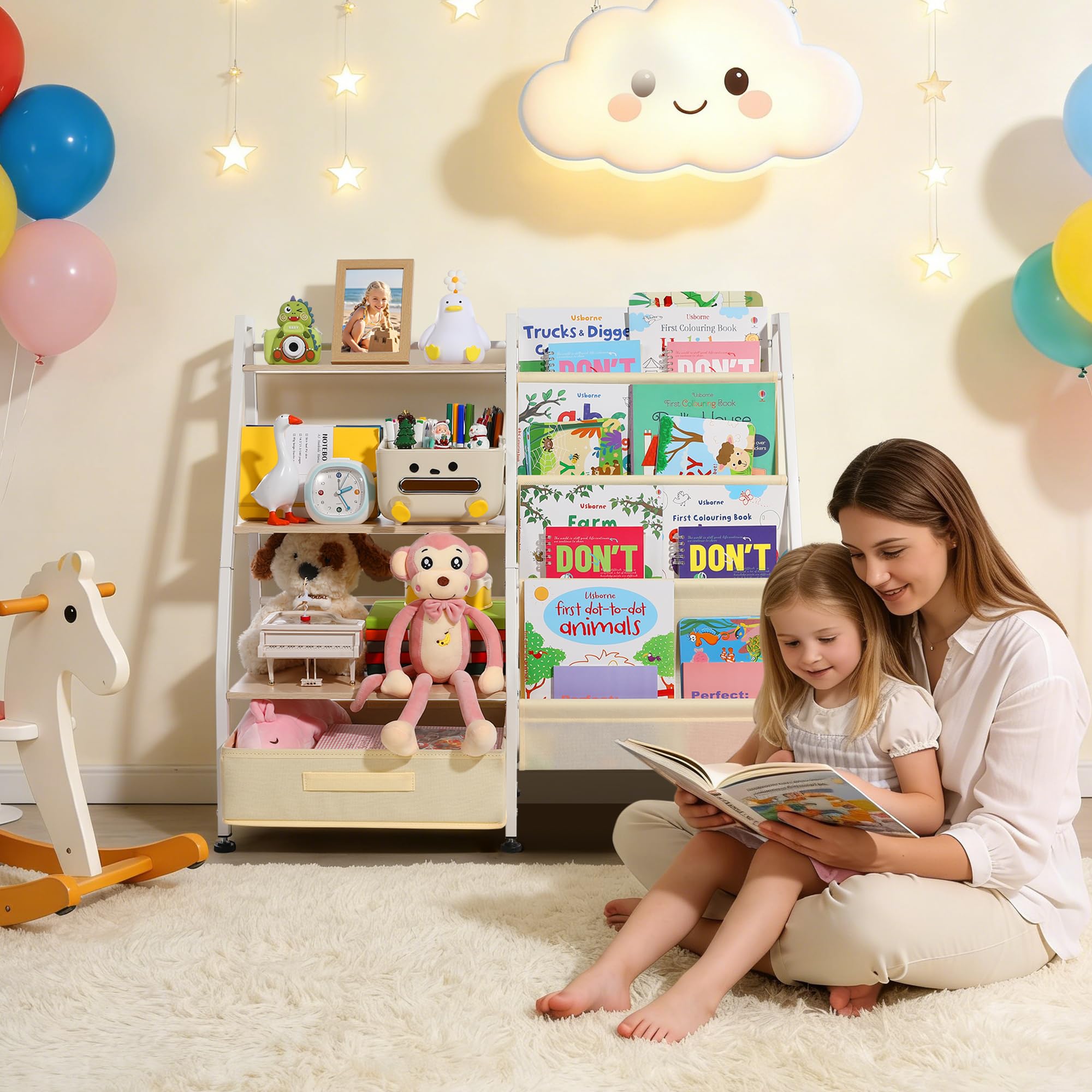 Vsonker Kids Bookshelf ladder-frame design saves space in nurseries.