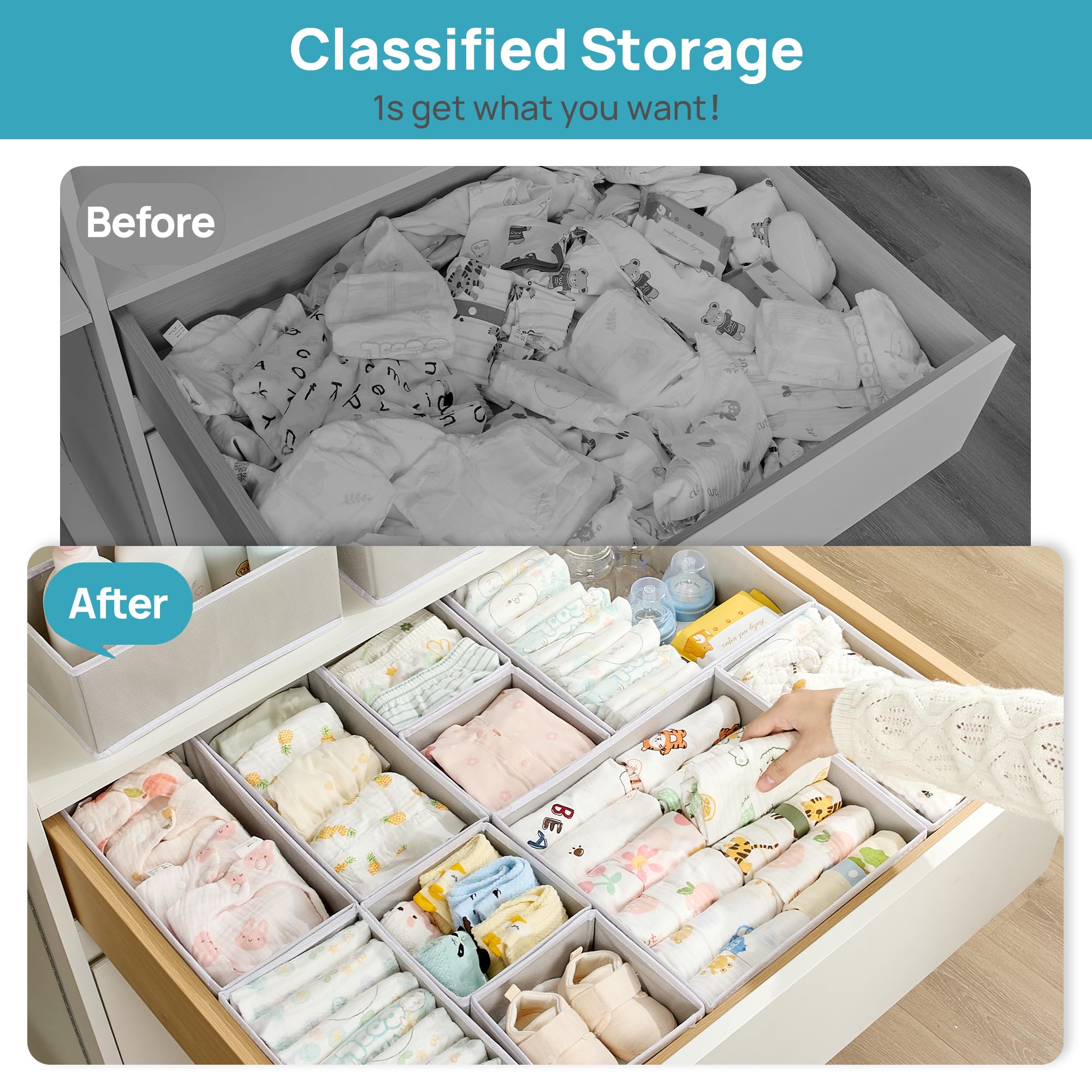 Vtopmart 18-pack rectangle-bin organizes socks in nursery drawers