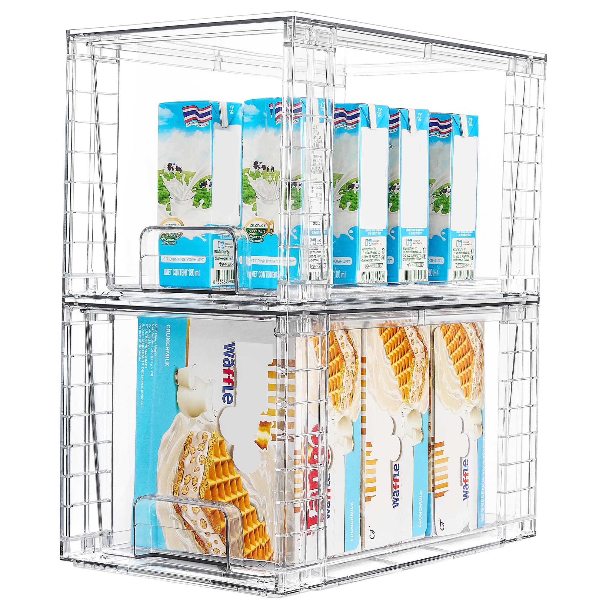 Vtopmart 2-pack large stackable drawers on a cabinet shelf for organized pantry storage