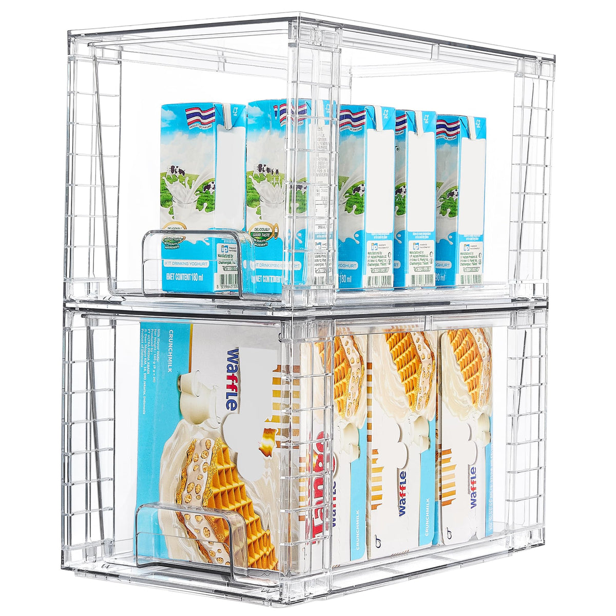 Vtopmart 2-pack large stackable drawers on a cabinet shelf for organized pantry storage