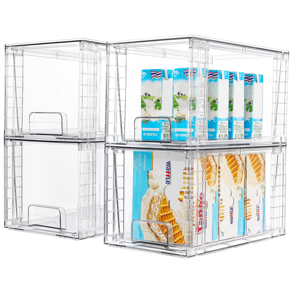 Vtopmart 4Pack stackable drawers in the kitchen pantry provide clear organization and easy accessibility.