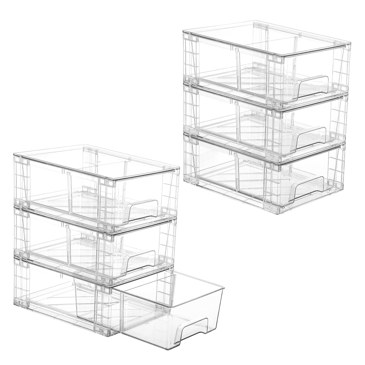 Vtopmart 6-pack stackable drawers for clear fridge organization and easy access.