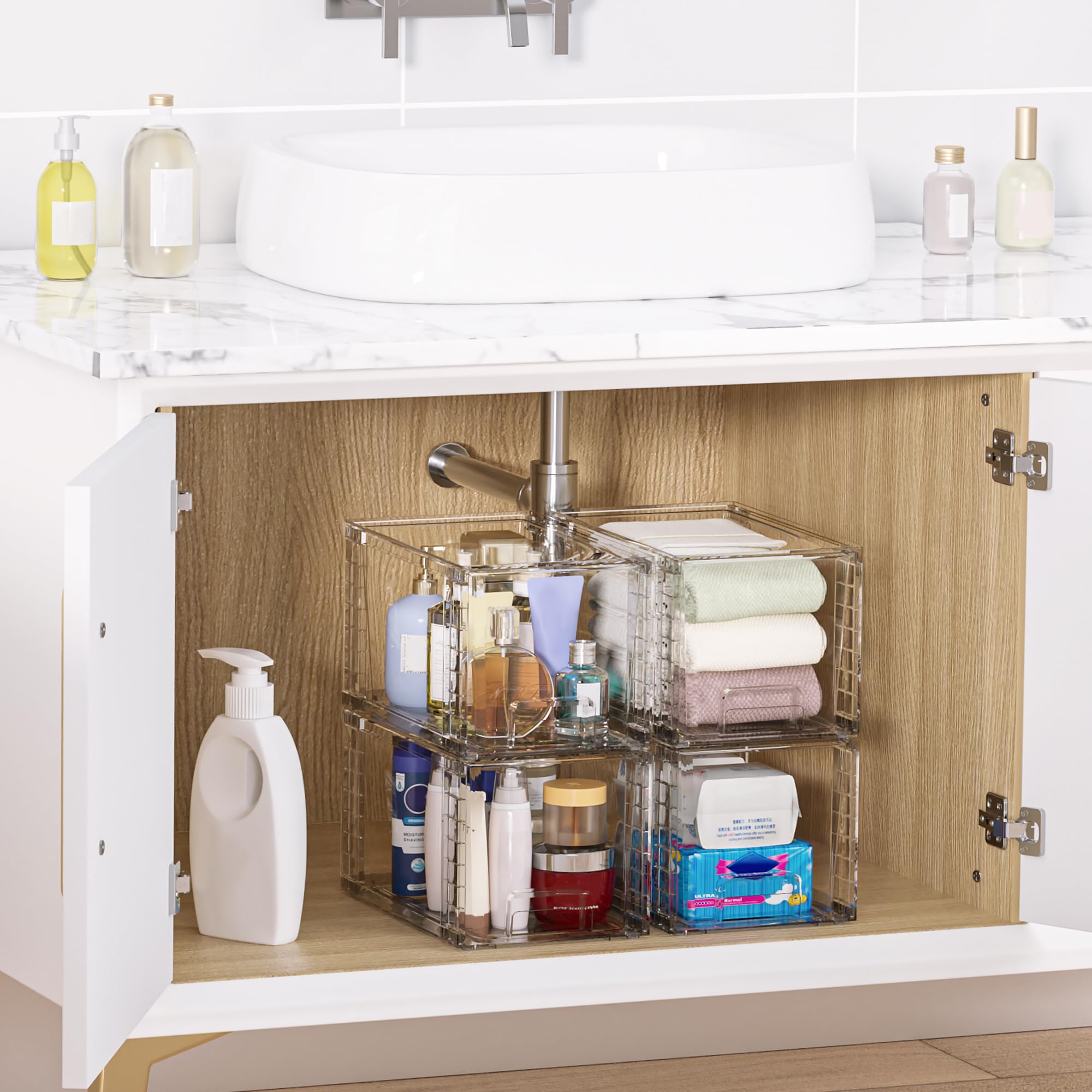 Vtopmart clear acrylic drawer set stacked in a cabinet to maximize space