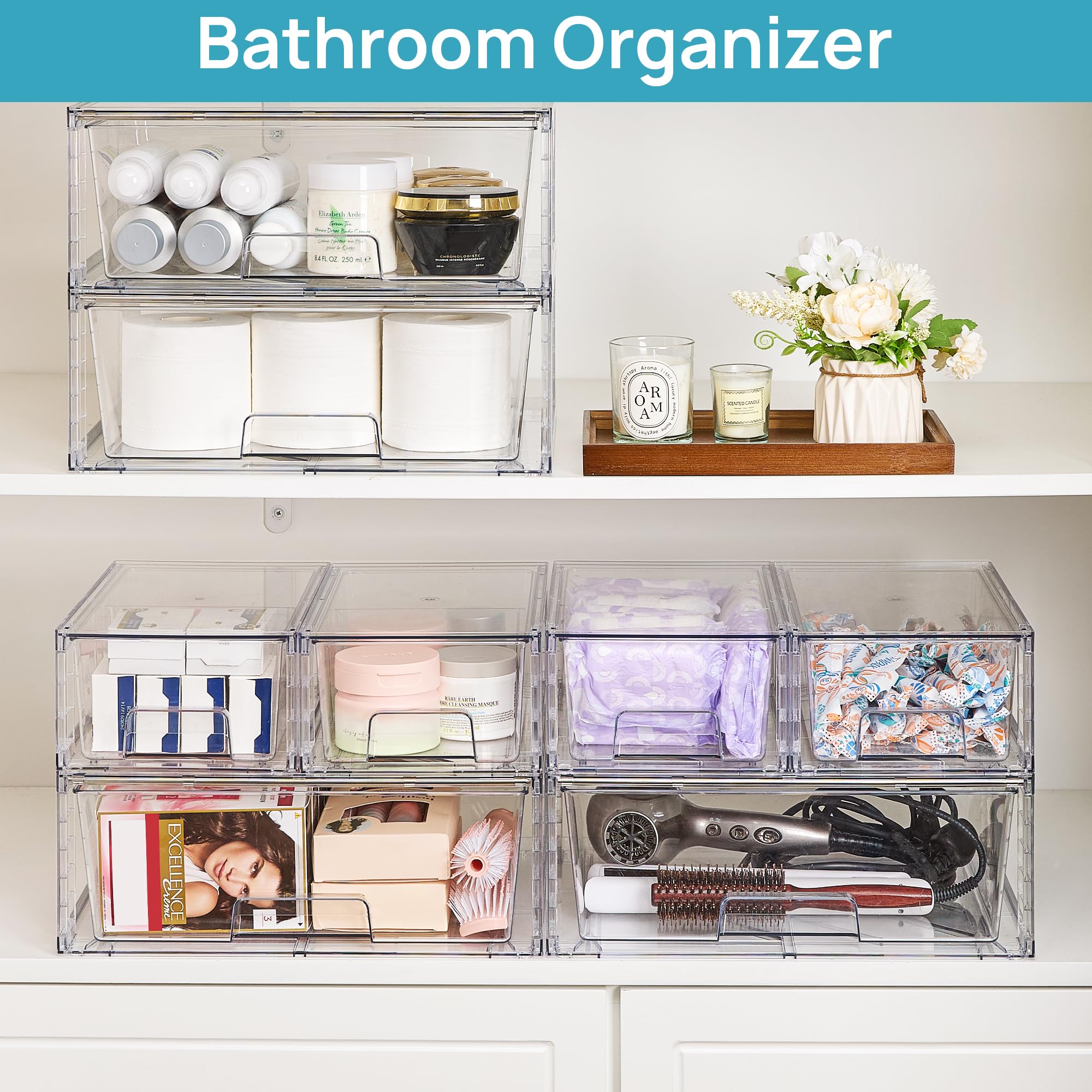 Vtopmart clear bathroom storage bin enables fast item visibility.