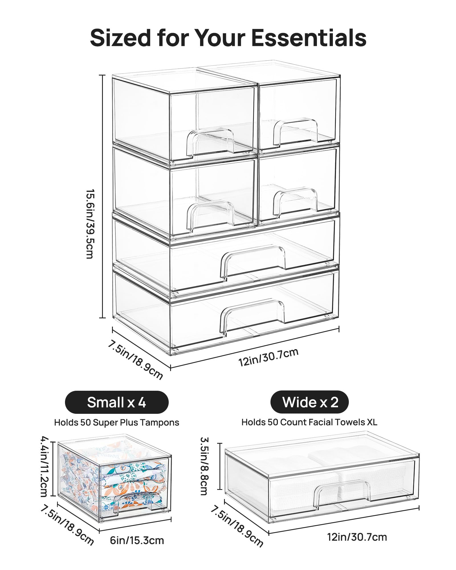 Clear plastic bins reveal contents at a glance, ideal for pantry or bathroom organization