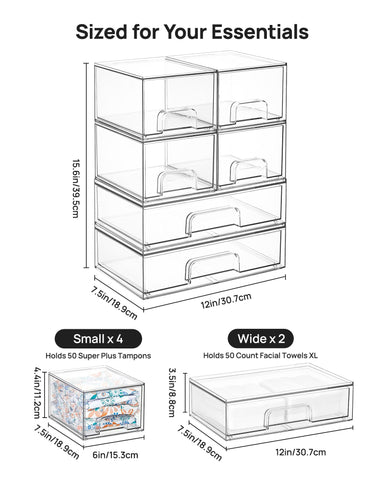 Clear plastic bins reveal contents at a glance, ideal for pantry or bathroom organization