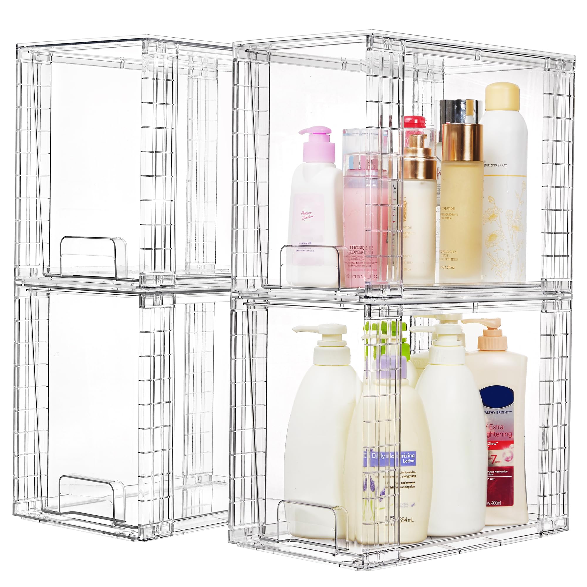 Vtopmart clear stackable drawers open front showing easy access to cosmetics and bottles