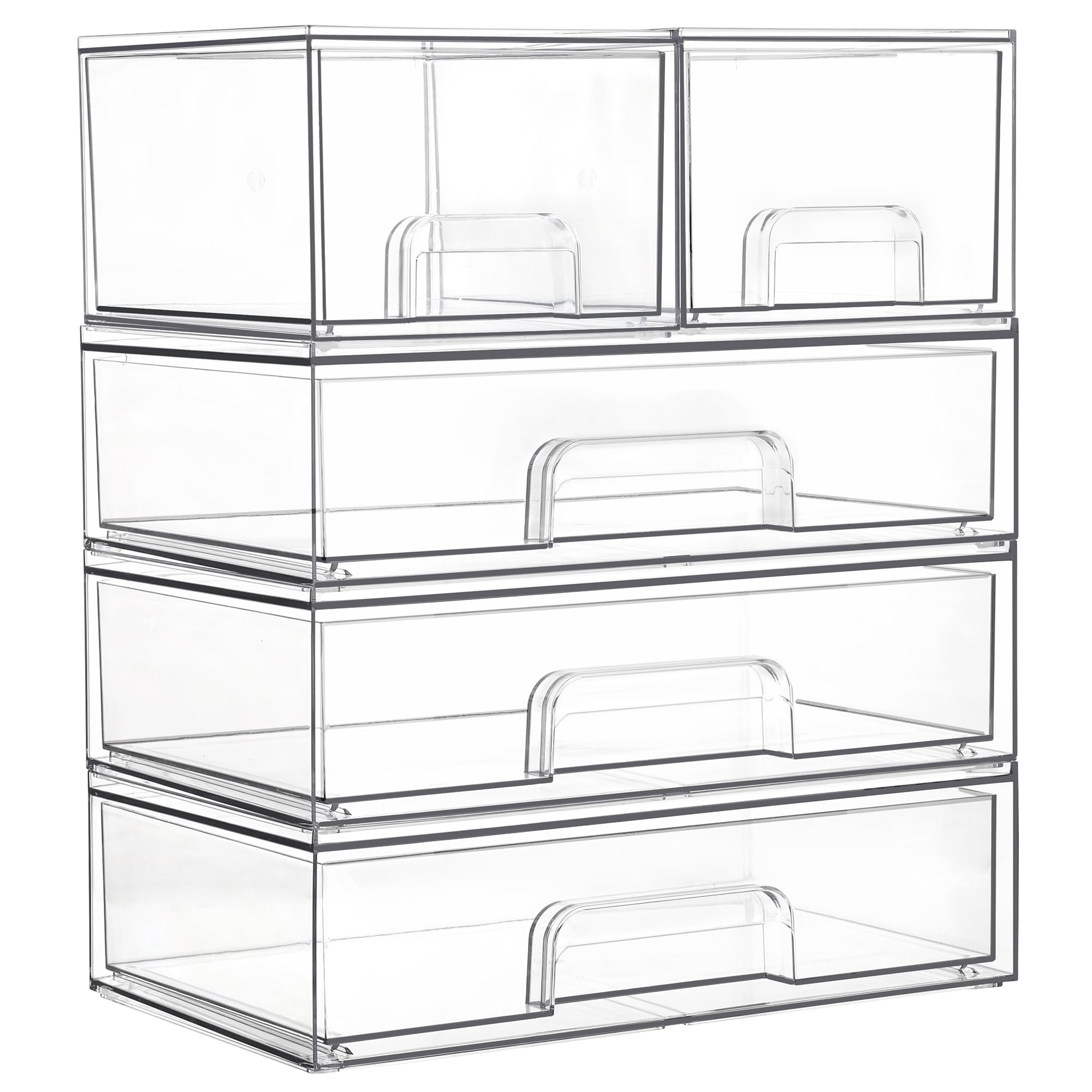 Vtopmart clear stackable drawers shown on vanity for quick makeup access.