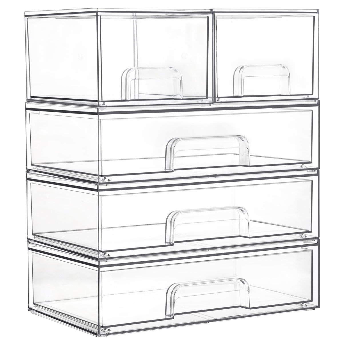 Vtopmart clear stackable drawers shown on vanity for quick makeup access.