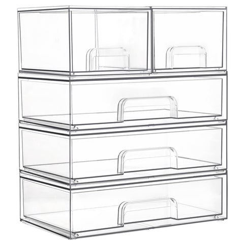 Vtopmart clear stackable drawers shown on vanity for quick makeup access.