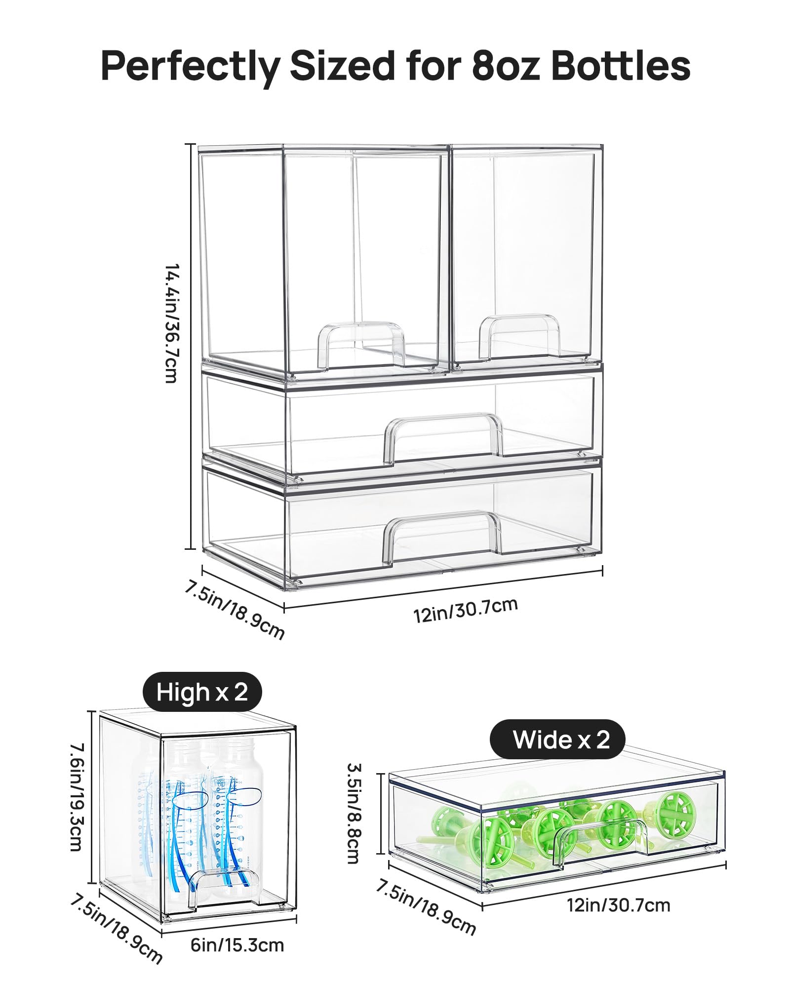 Vtopmart clear stackable drawers side view maximizing countertop space.