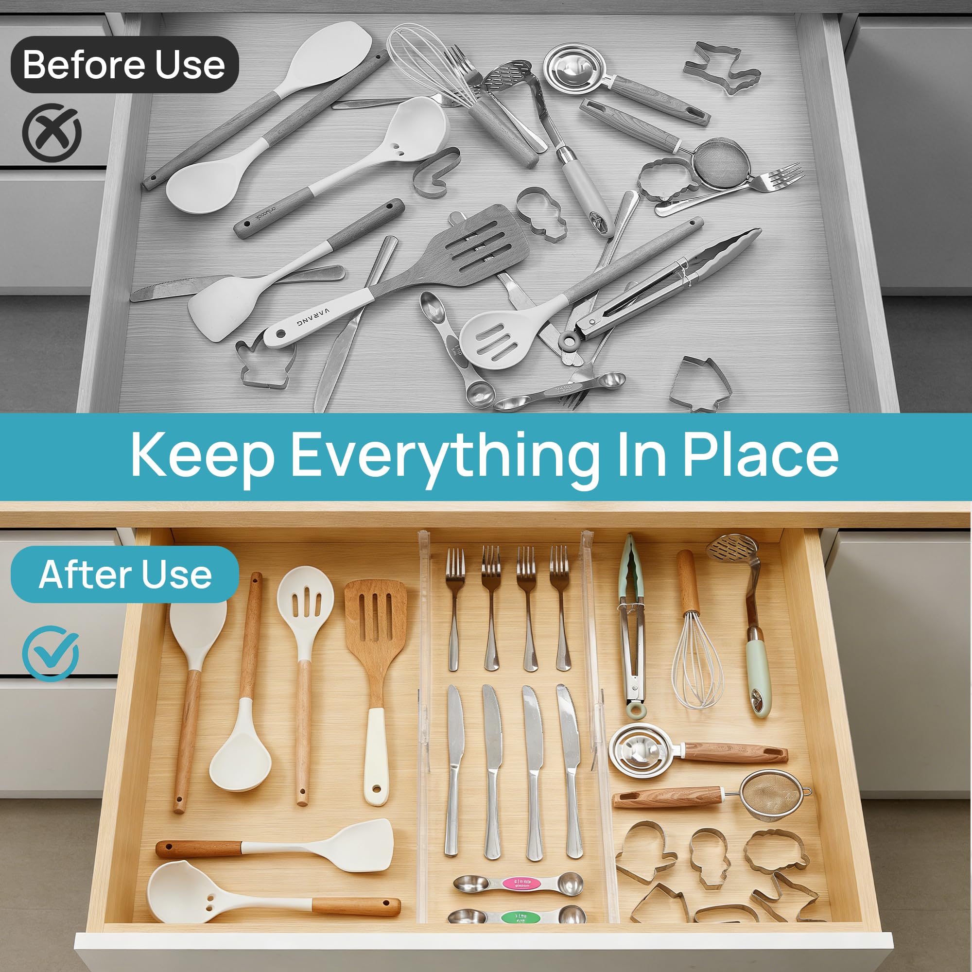 Vtopmart 2.36-inch height divider prevents items from tipping in drawers.