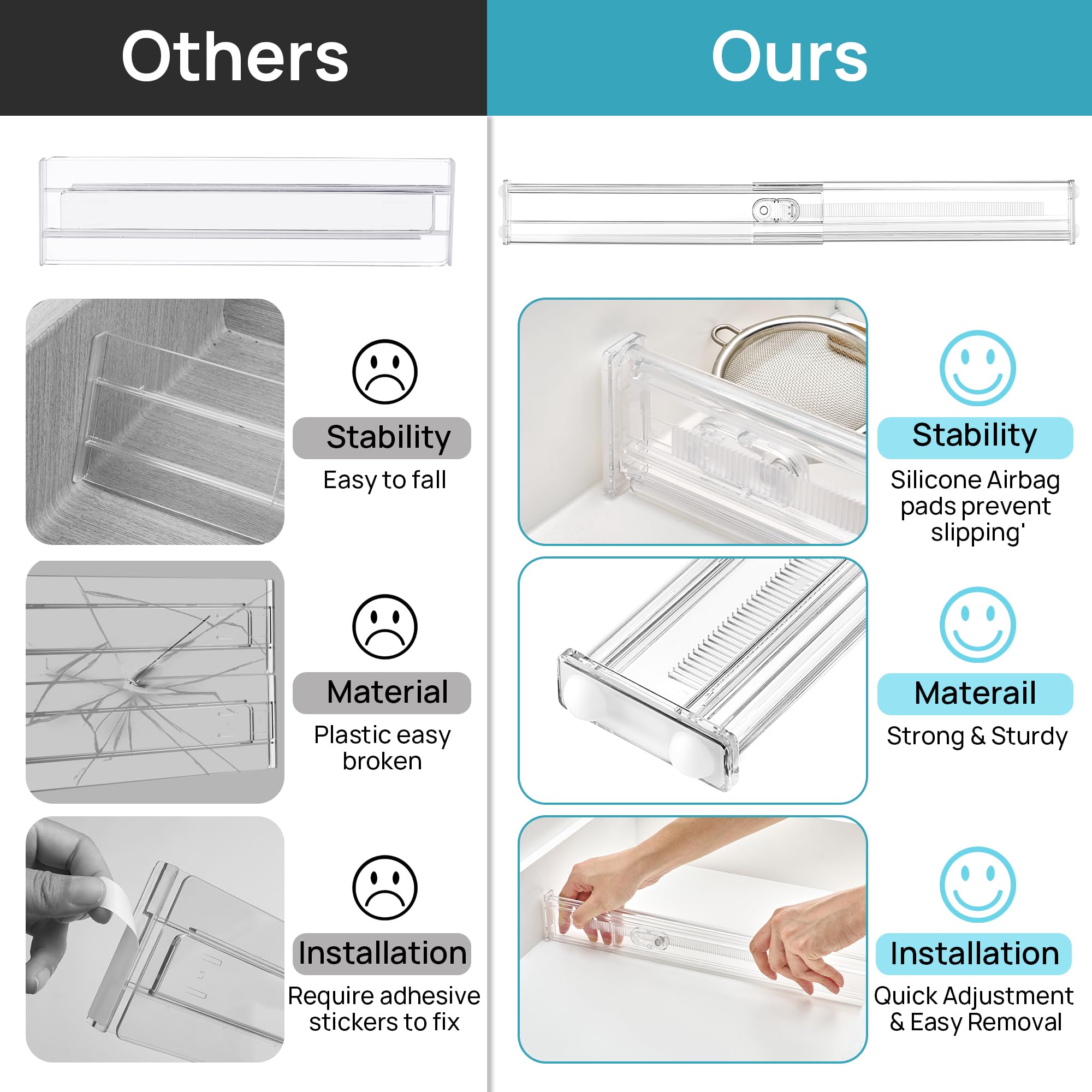 Vtopmart drawer divider in use demonstrates flexible vertical or horizontal placement.