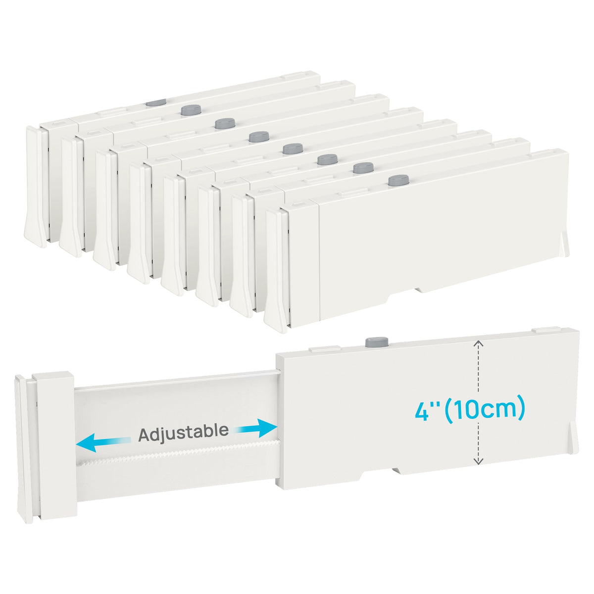 Vtopmart adjustable drawer dividers shown expanding from 11 to 17 inches for flexible storage.