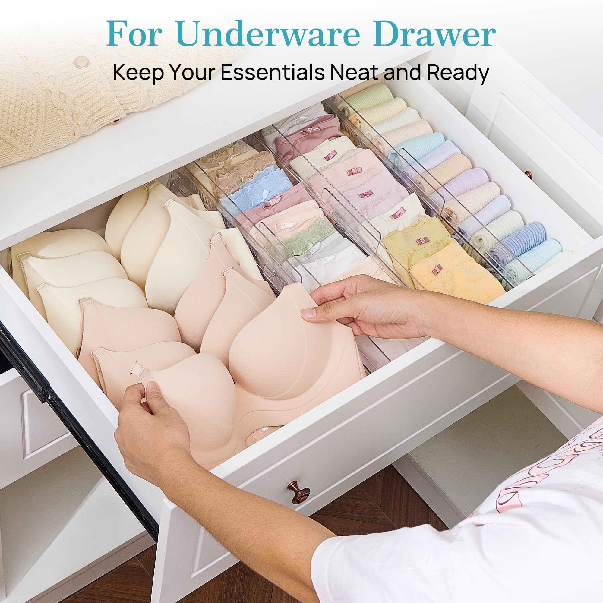 Vtopmart dividers organize clothes, underwear, and socks neatly for quick access.