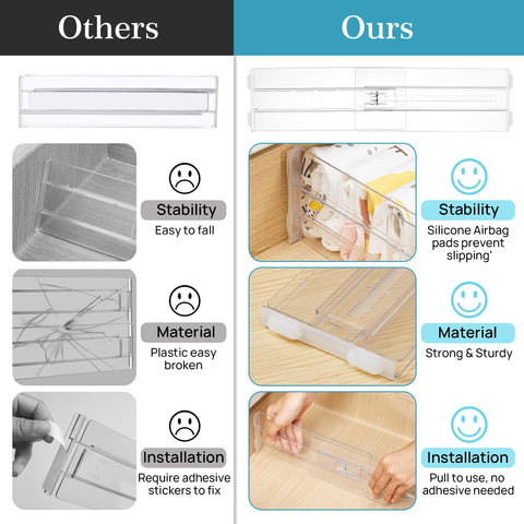 Vtopmart dividers maintain order by sectioning drawers for different items.