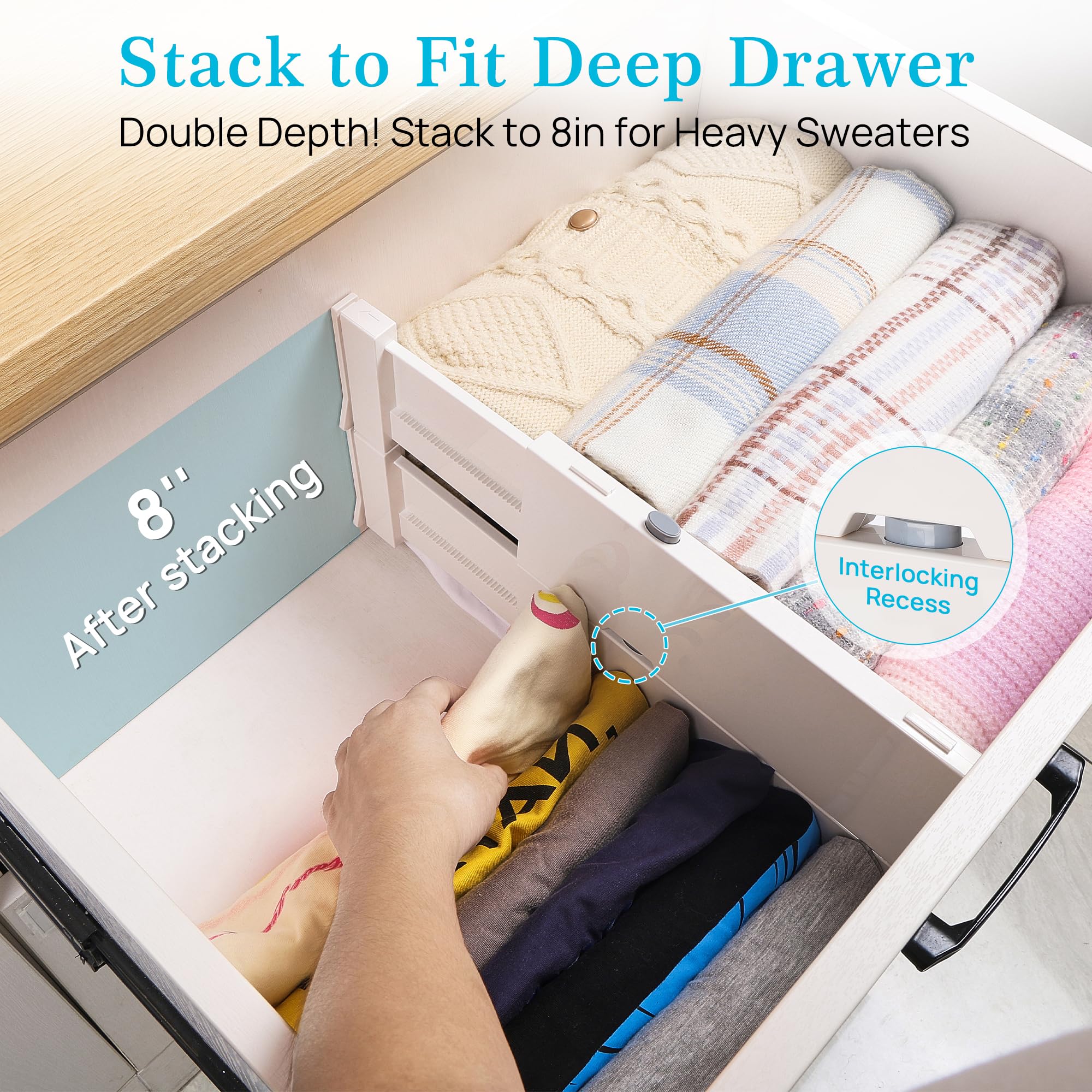 Vtopmart multipurpose dividers used in a kitchen or office drawer.