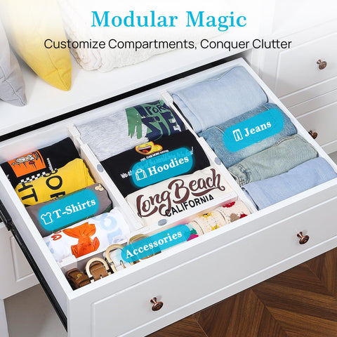 Vtopmart stackable drawer dividers arranged to maximize space.