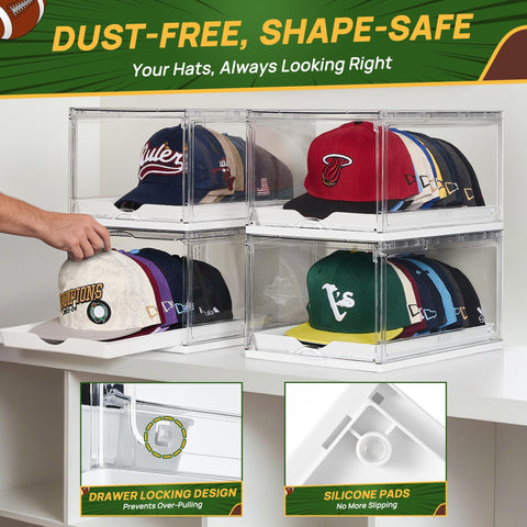Vtopmart clear hat box protects hats from dust while preserving shape.