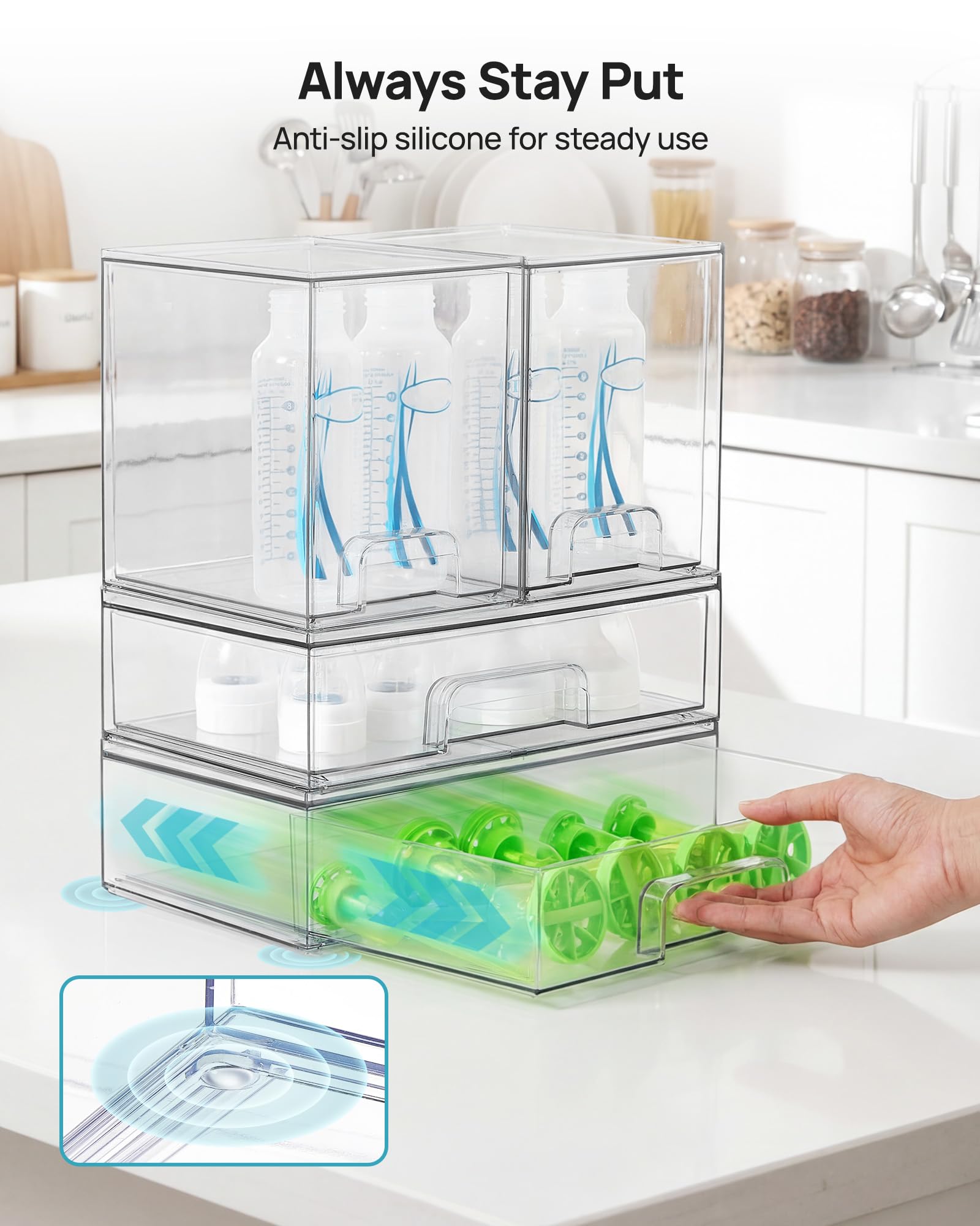 Vtopmart easy-clean plastic drawers ready for wipe-down maintenance.