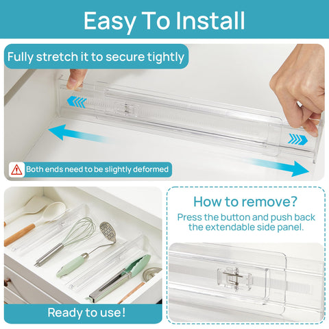 Vtopmart easy-install drawer dividers with spring tension for stable setup.