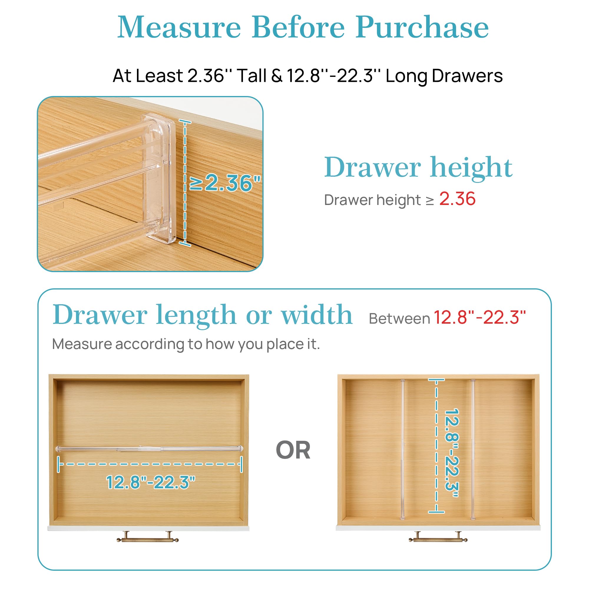 Vtopmart expandable divider fits drawers from 12.8 to 22.3 inches.