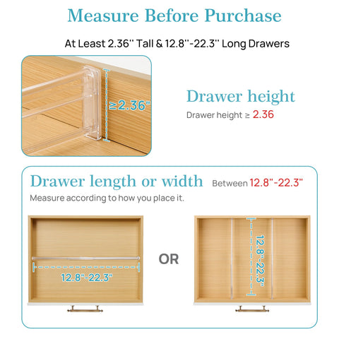 Vtopmart expandable divider fits drawers from 12.8 to 22.3 inches.