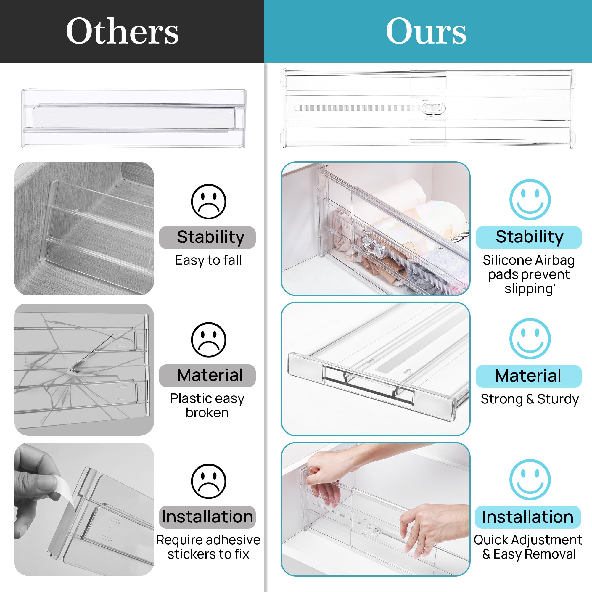 Vtopmart interlocking design provides stable partitions in deep drawers.