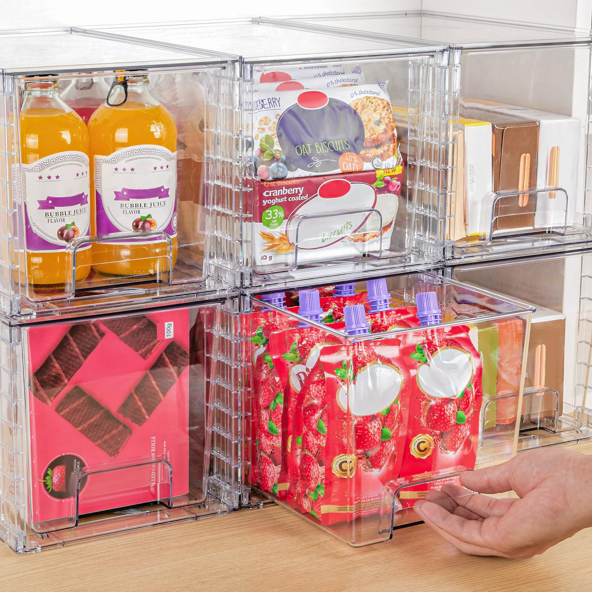 Vtopmart pantry organization drawers showcasing transparent bins for snacks and drinks