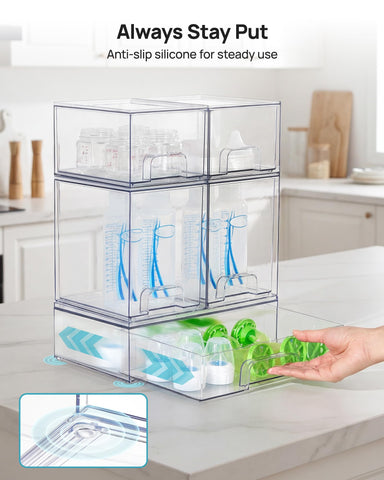 Pantry shelf organization using clear drawers