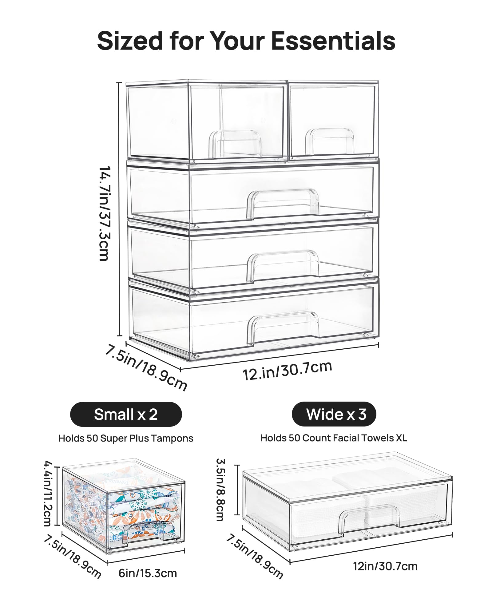 Vtopmart plastic organizer bin set designed for 12-inch wide drawers in cabinets.