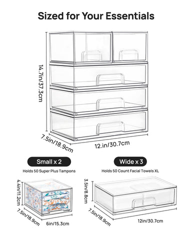 Vtopmart plastic organizer bin set designed for 12-inch wide drawers in cabinets.