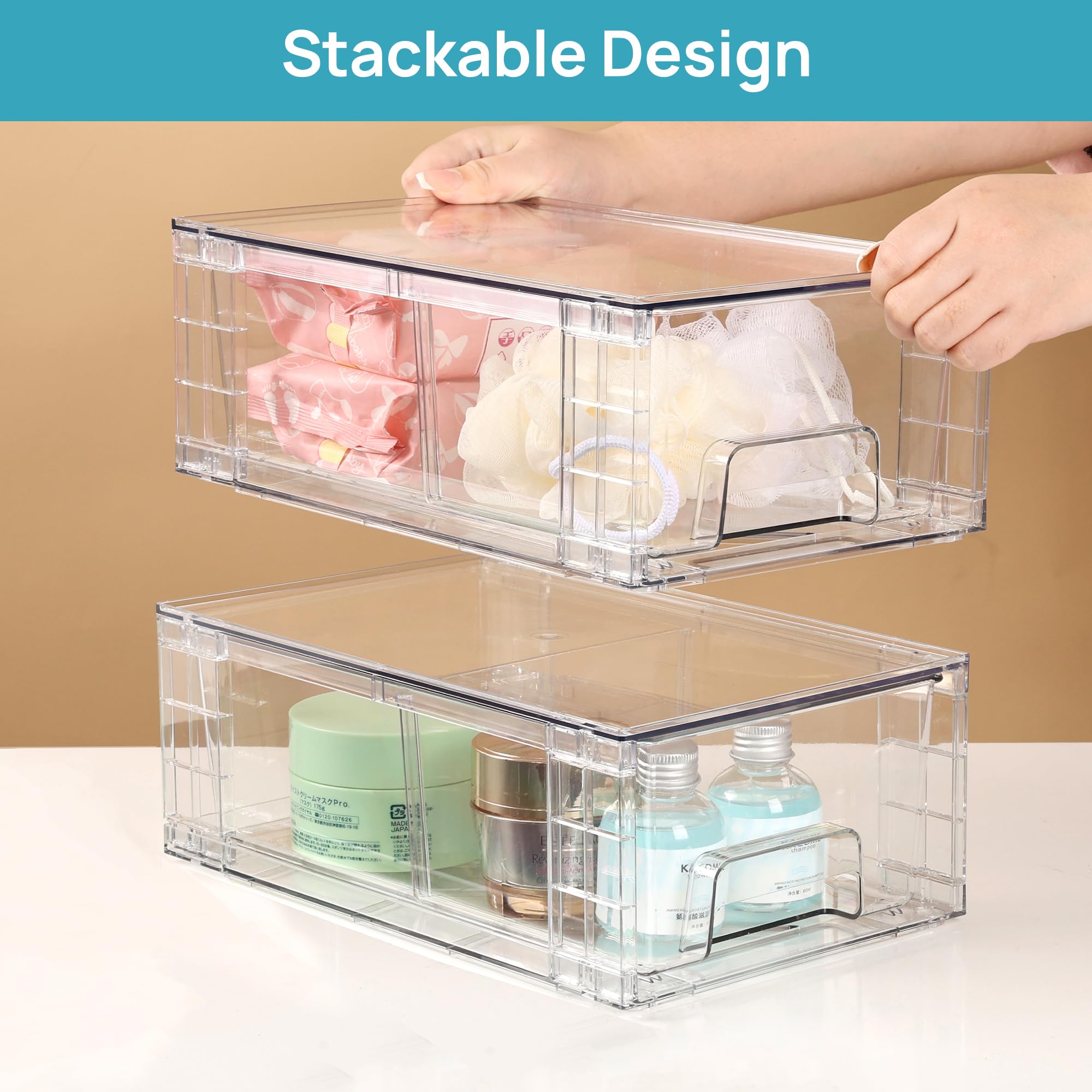 Vtopmart modular storage bins with removable dividers for organized snacks and medicines.
