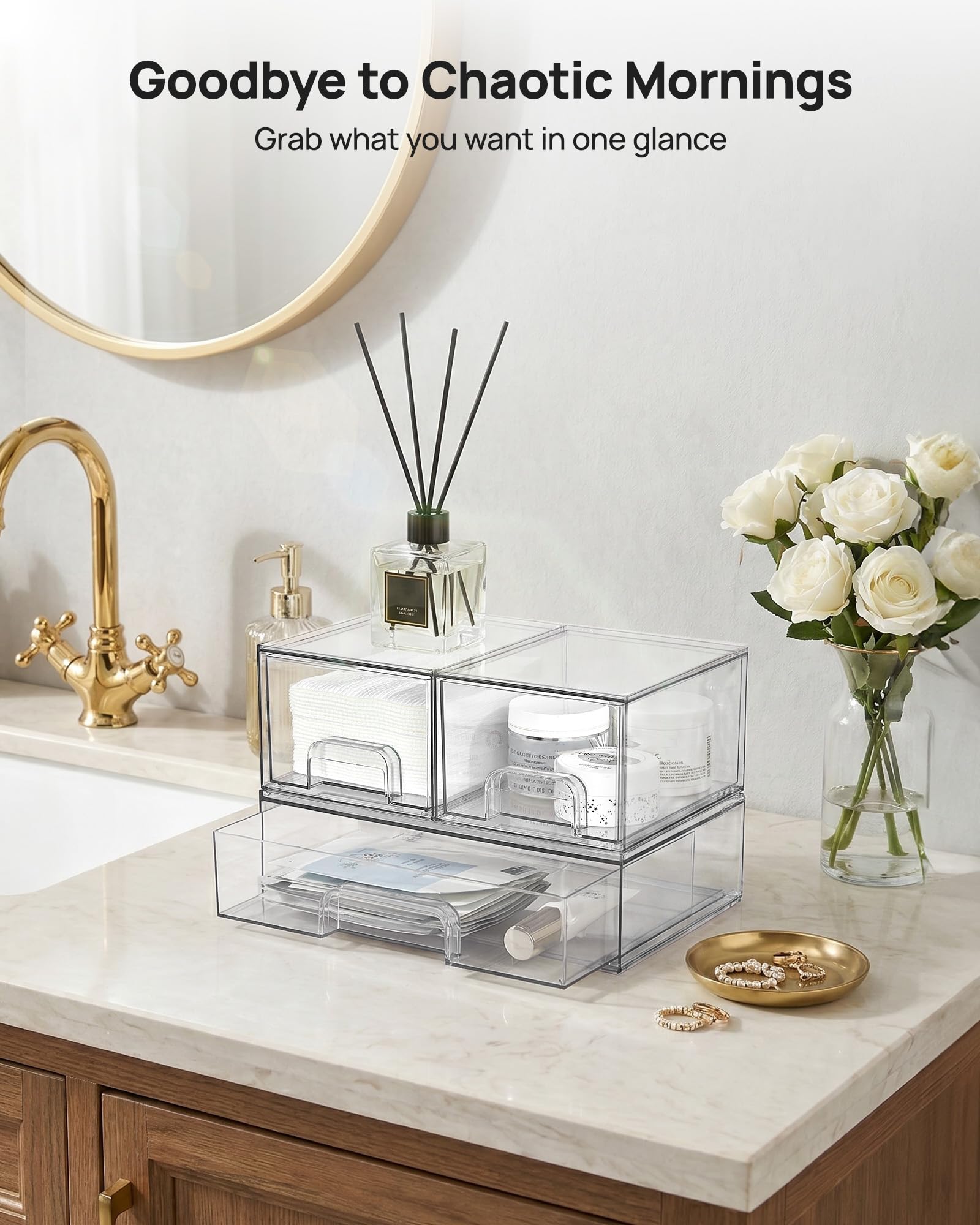Vtopmart bathroom vanity setup with clear bins
