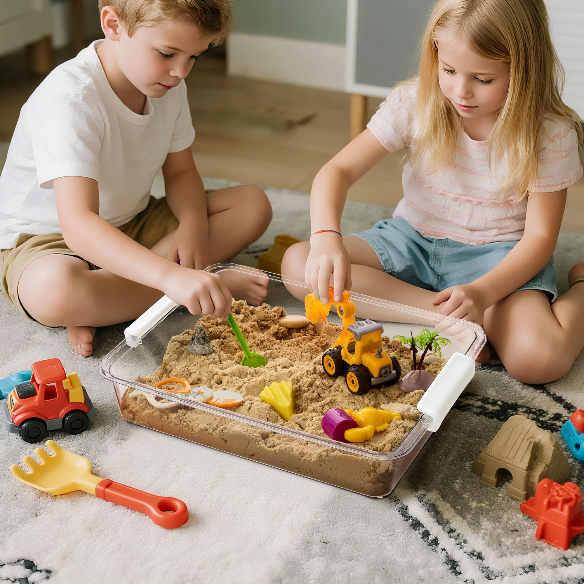 Stackable bins maximize shelf space while keeping items organized.