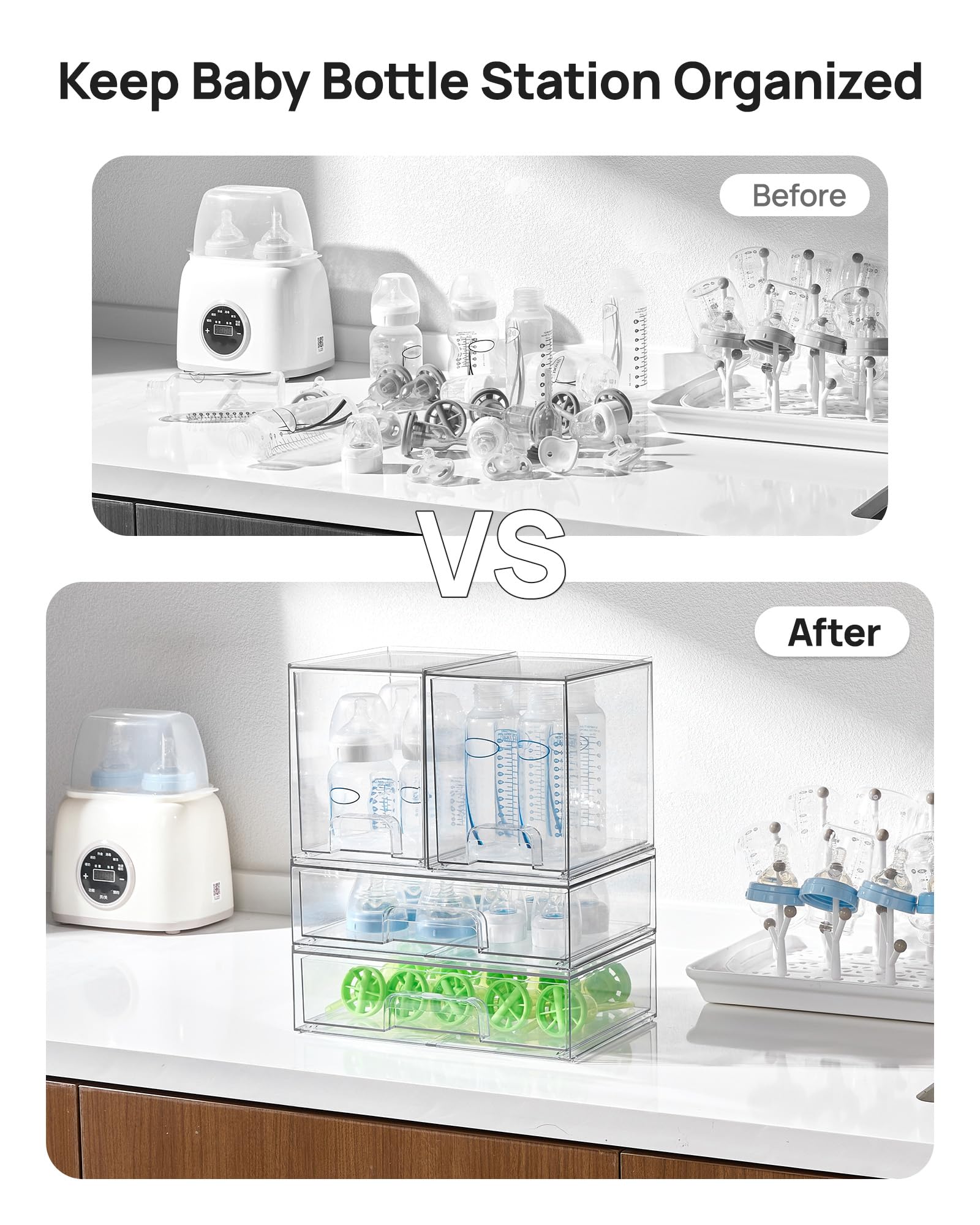 Vtopmart transparent organizer on bathroom counter keeps cosmetics visible.