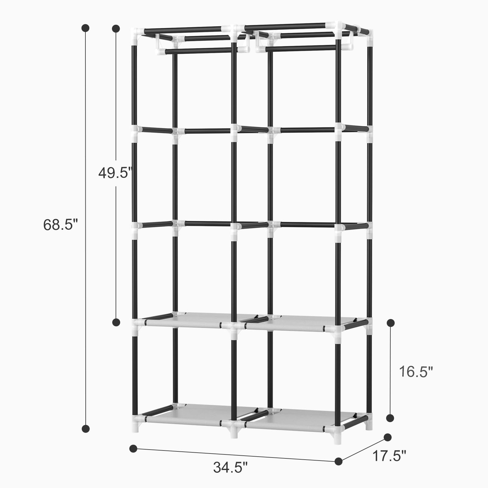 VTRIN portable closet two-rods-hanging highlights double hanging space for garments.
