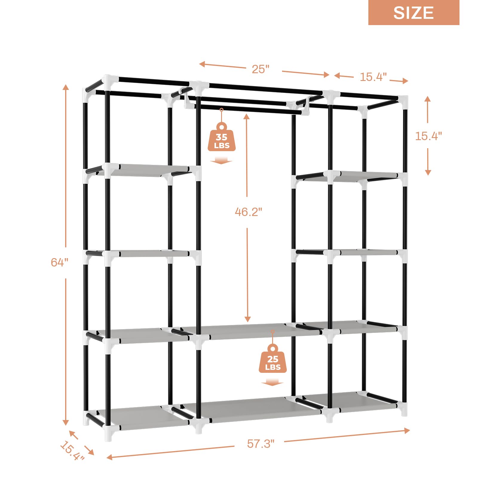 VTRIN portable closet hanging rod length accommodates long garments without crowding