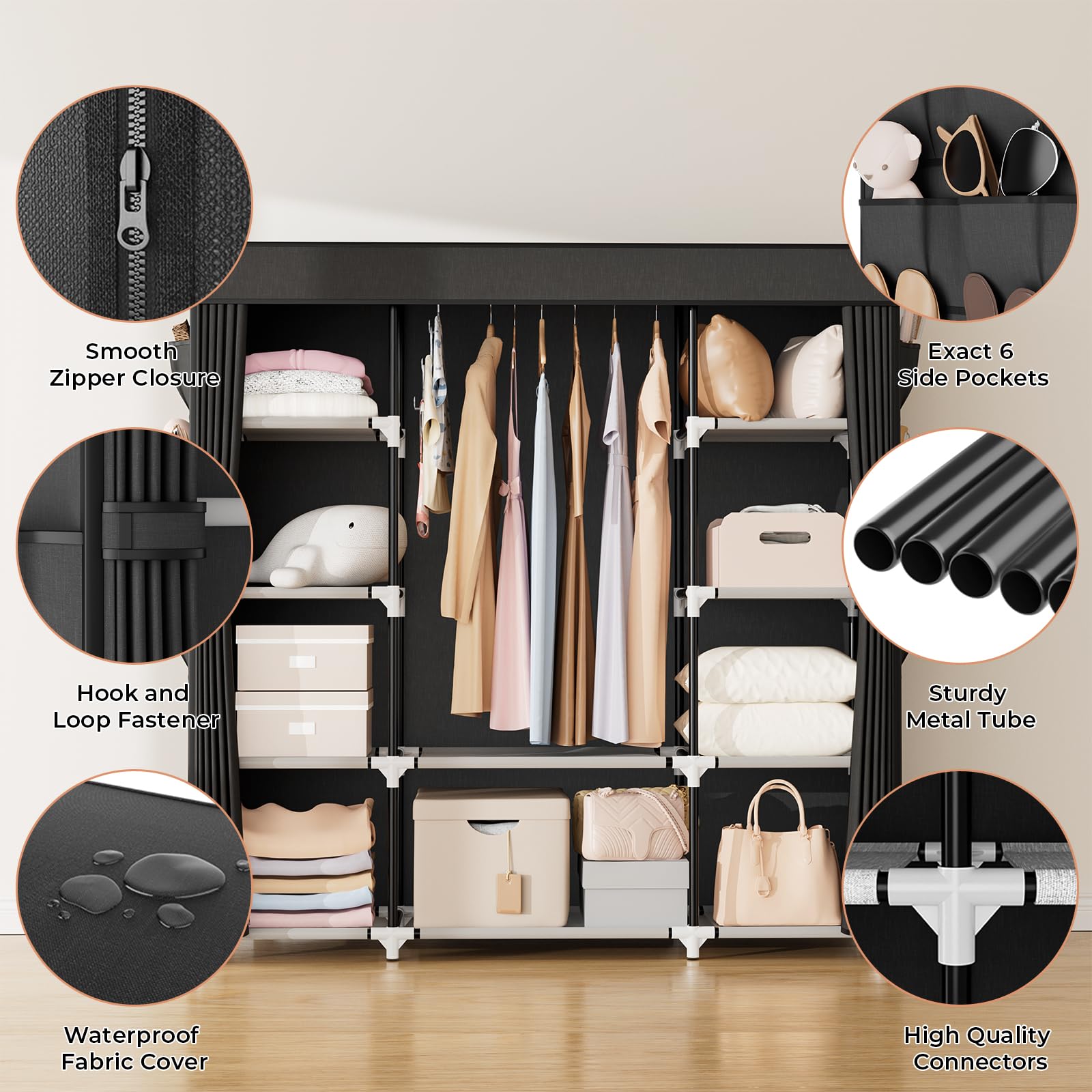 VTRIN portable closet six side pockets organize small items neatly